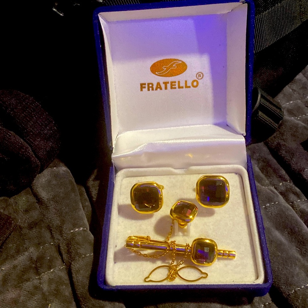Men's Fratello amethyst Cufflinks, Tie Bar, Tie Pin Combo Set
